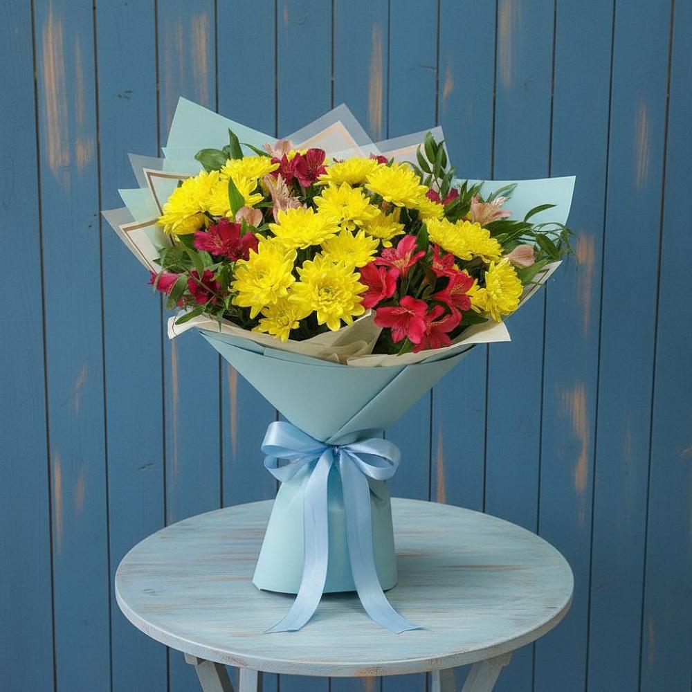 Букет цветов из: Альстромерии и Хризантемы в Леонтьево