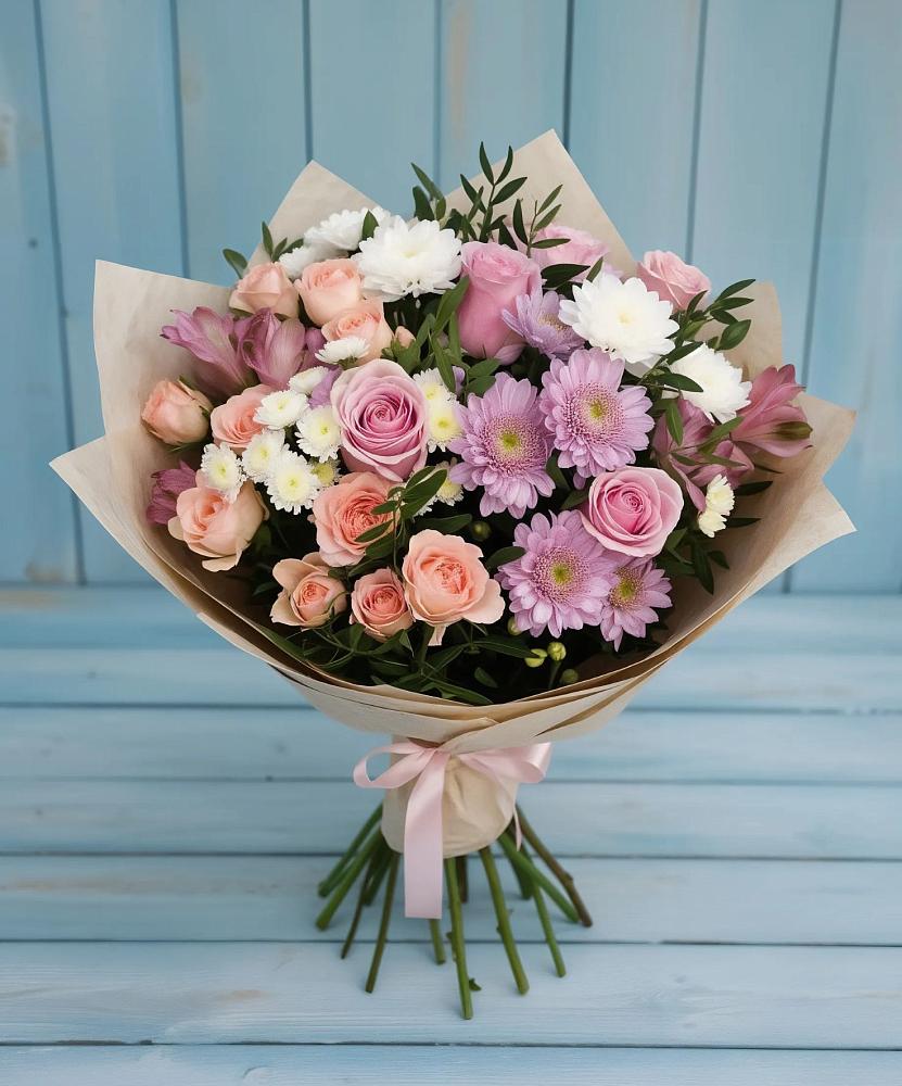 Букет цветов из: Хризантемы, Розы и Альстромерии в Леонтьево