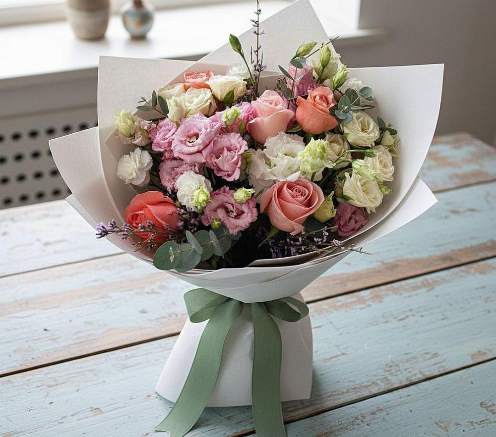 Букет цветов из: Розы, Лизиантусы и Гвоздики в Леонтьево