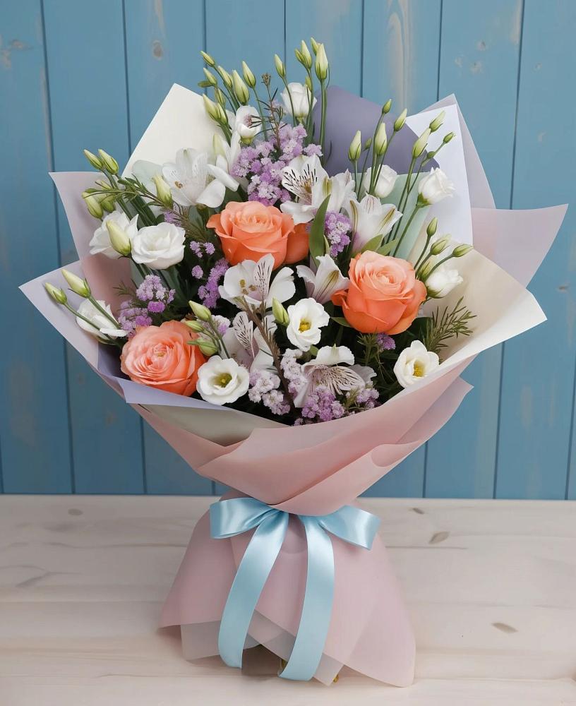 Букет цветов из: Лизиантусы, Розы, Альстромерии и Гипсофила в Леонтьево