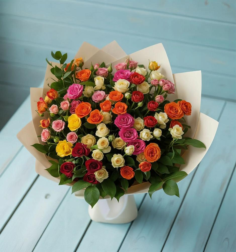 Букет Микс из разноцветных кустовых роз в Леонтьево