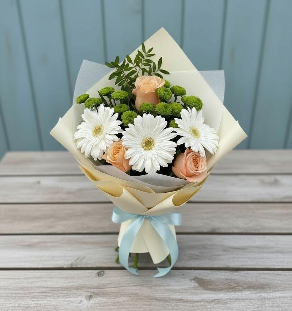 Букет цветов из: Герберы, Розы и Хризантемы в Леонтьево