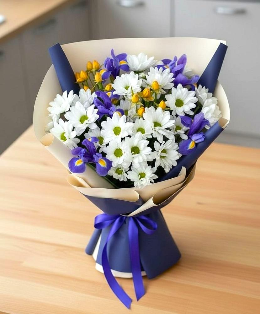 Букет цветов из: Розы, Ирисы и Хризантемы в Леонтьево